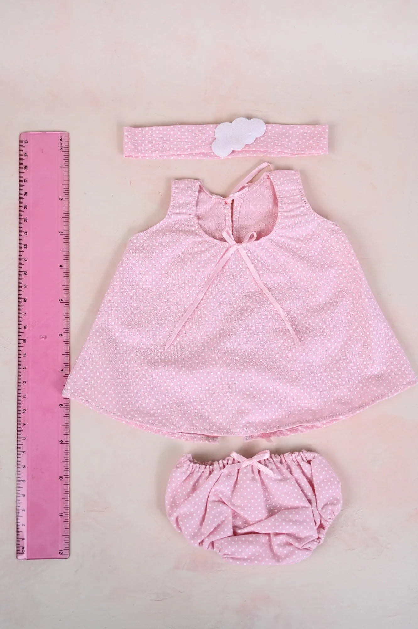 3 Piece Pink Polka Dot Dress with Cloud Headband - for 14-15" dolls