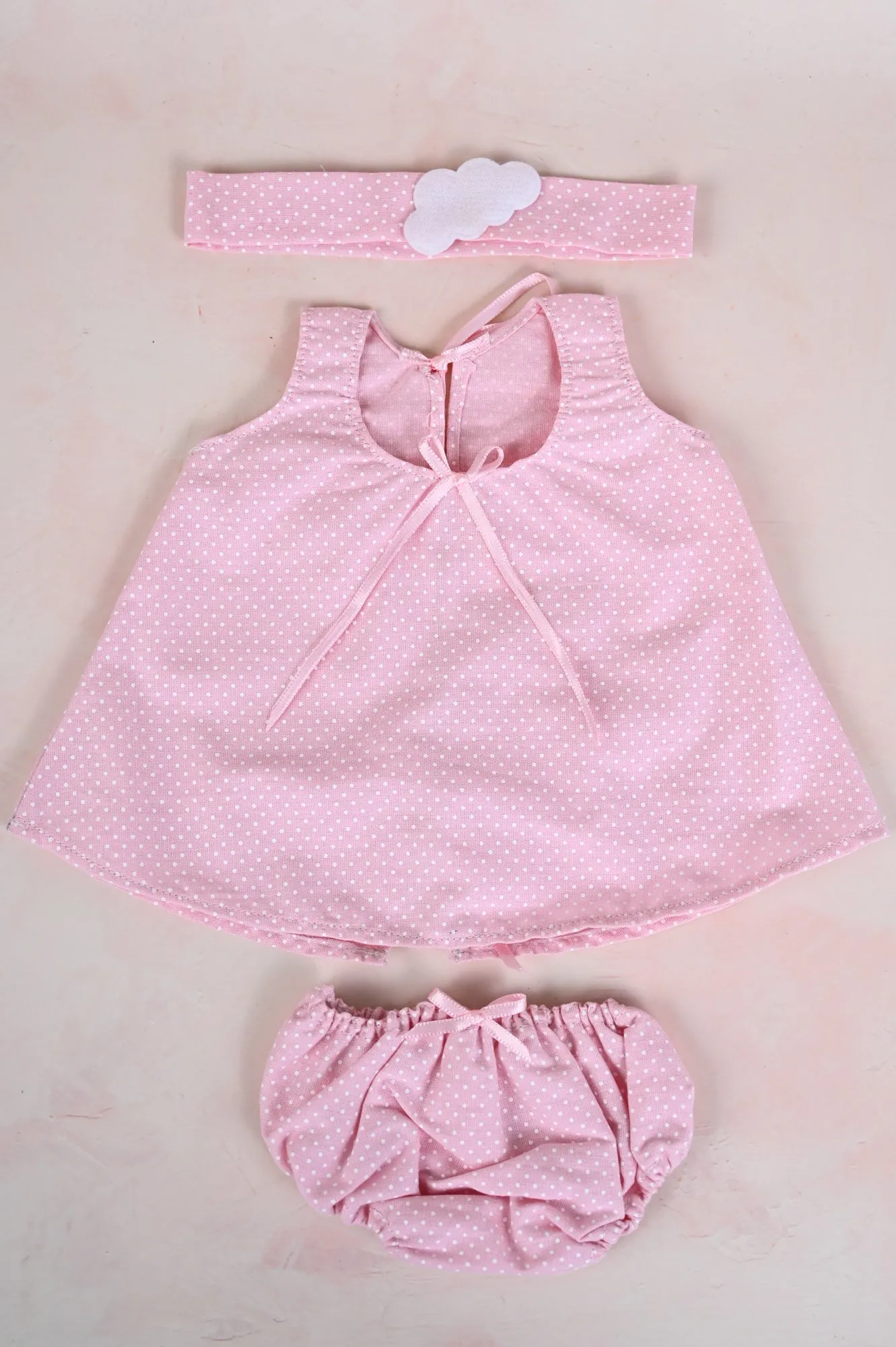 3 Piece Pink Polka Dot Dress with Cloud Headband - for 14-15" dolls
