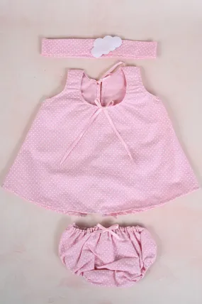 3 Piece Pink Polka Dot Dress with Cloud Headband - for 14-15" dolls