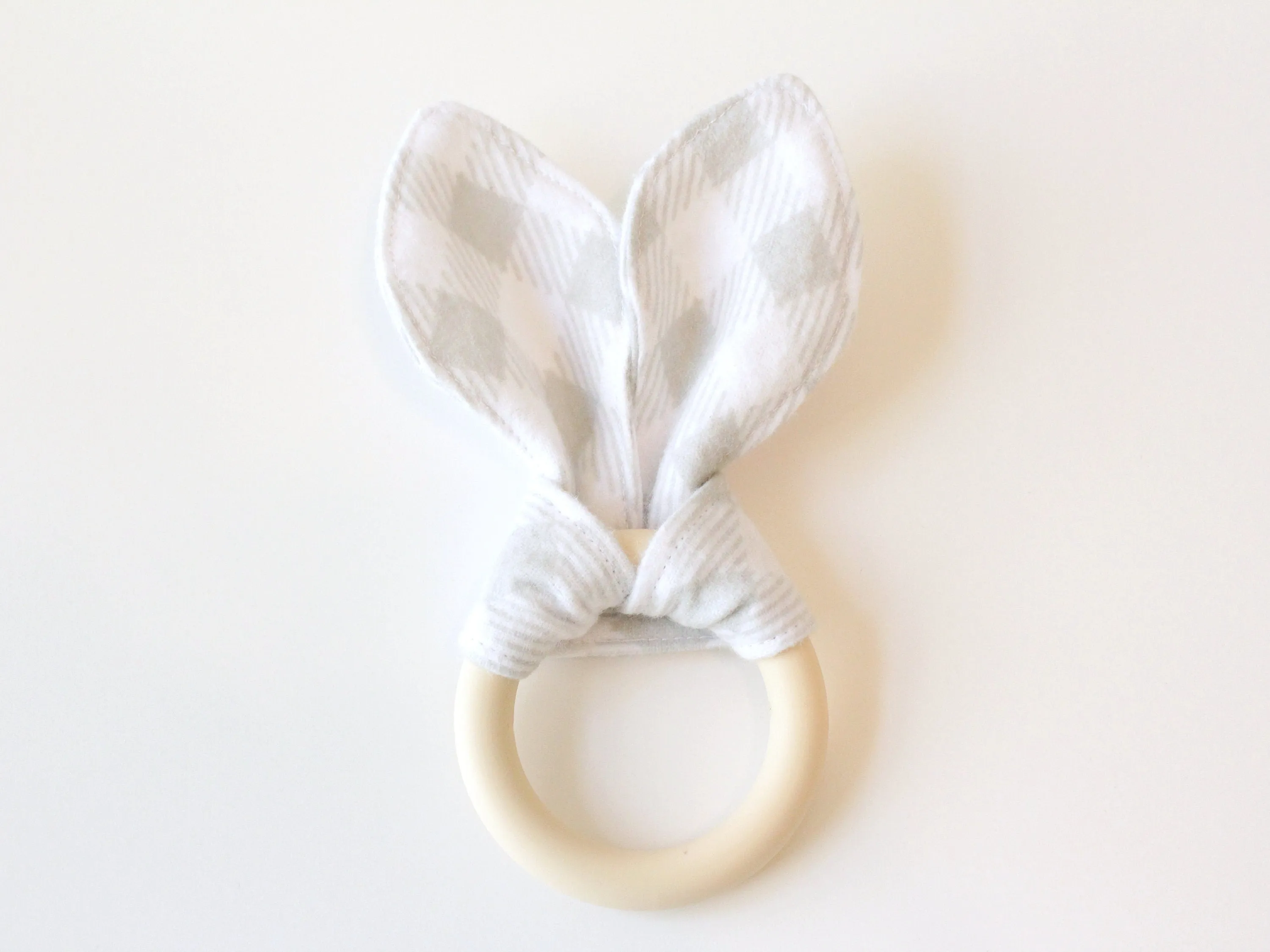 Gray Gingham Silicone Bunny Ear Teether | Gender Neutral Baby Shower Gift Sensory Toy | CPSC Compliant