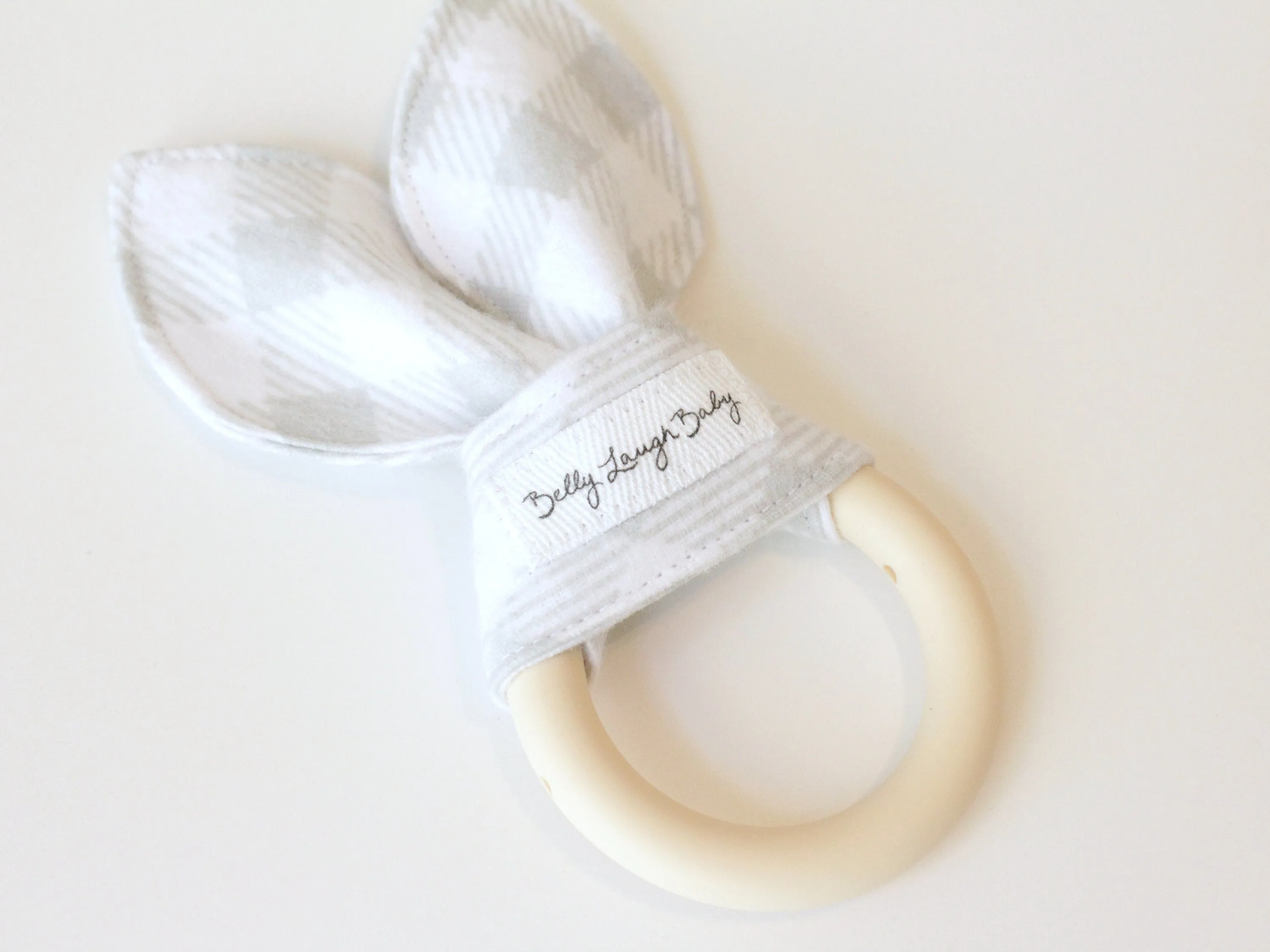Gray Gingham Silicone Bunny Ear Teether | Gender Neutral Baby Shower Gift Sensory Toy | CPSC Compliant
