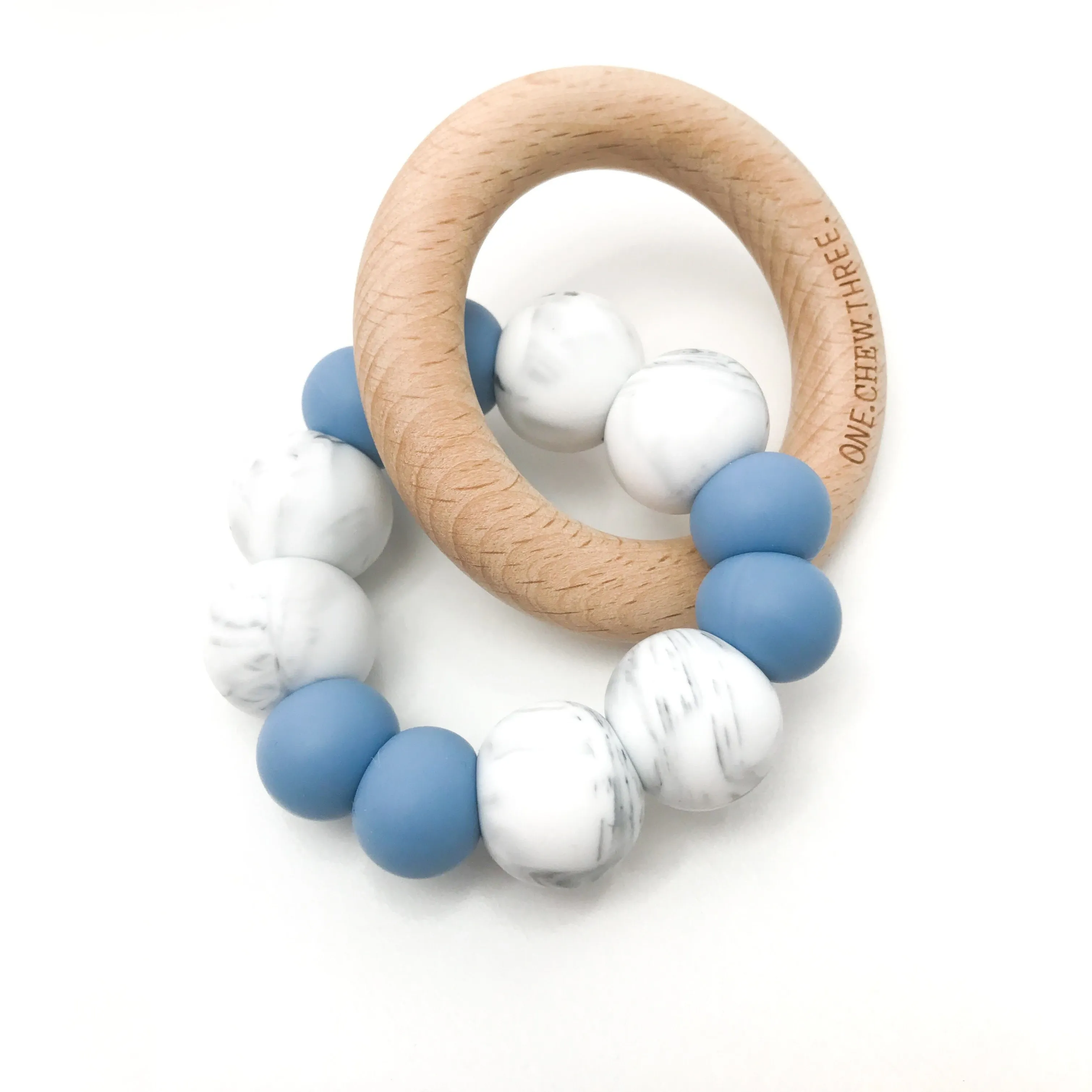 one chew three - DUO Silicone and Beech Wood Teether -blue/grey marble
