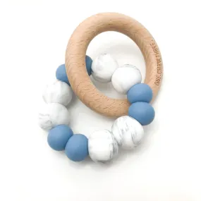 one chew three - DUO Silicone and Beech Wood Teether -blue/grey marble