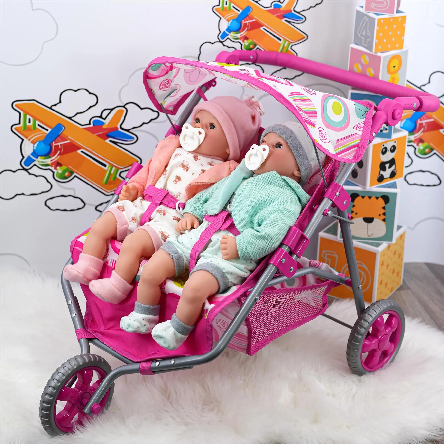 Pink Twin Dolls Stroller with Storage Basket
