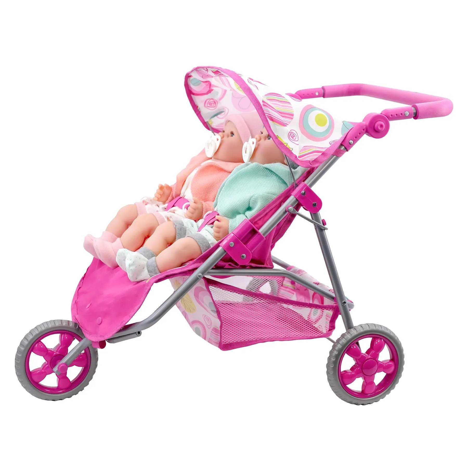 Pink Twin Dolls Stroller with Storage Basket