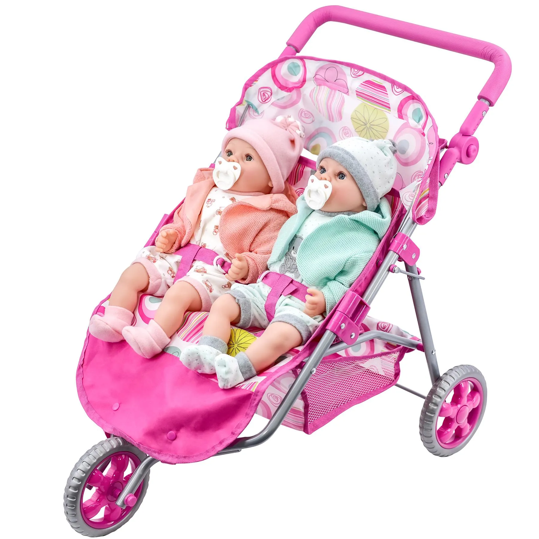 Pink Twin Dolls Stroller with Storage Basket