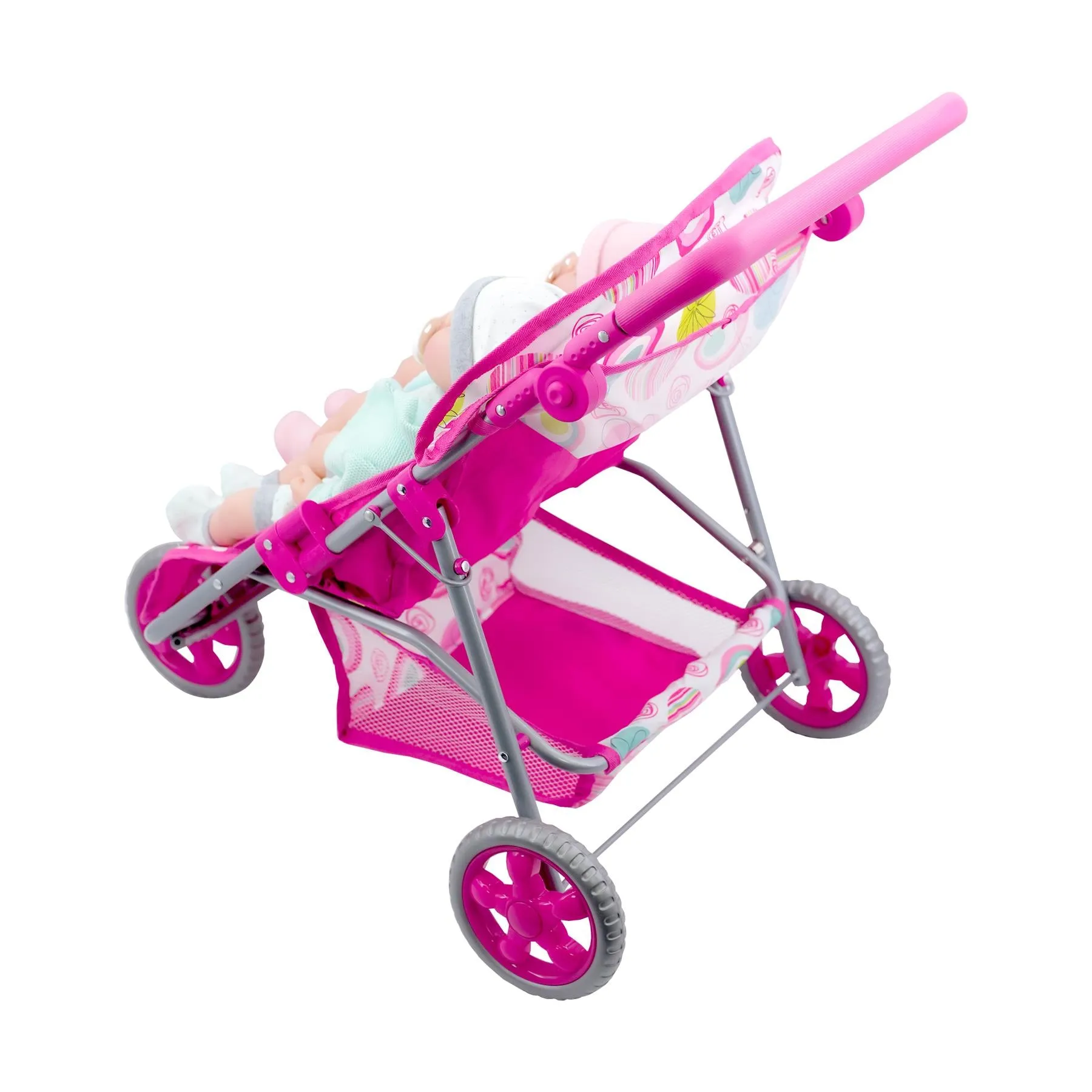 Pink Twin Dolls Stroller with Storage Basket