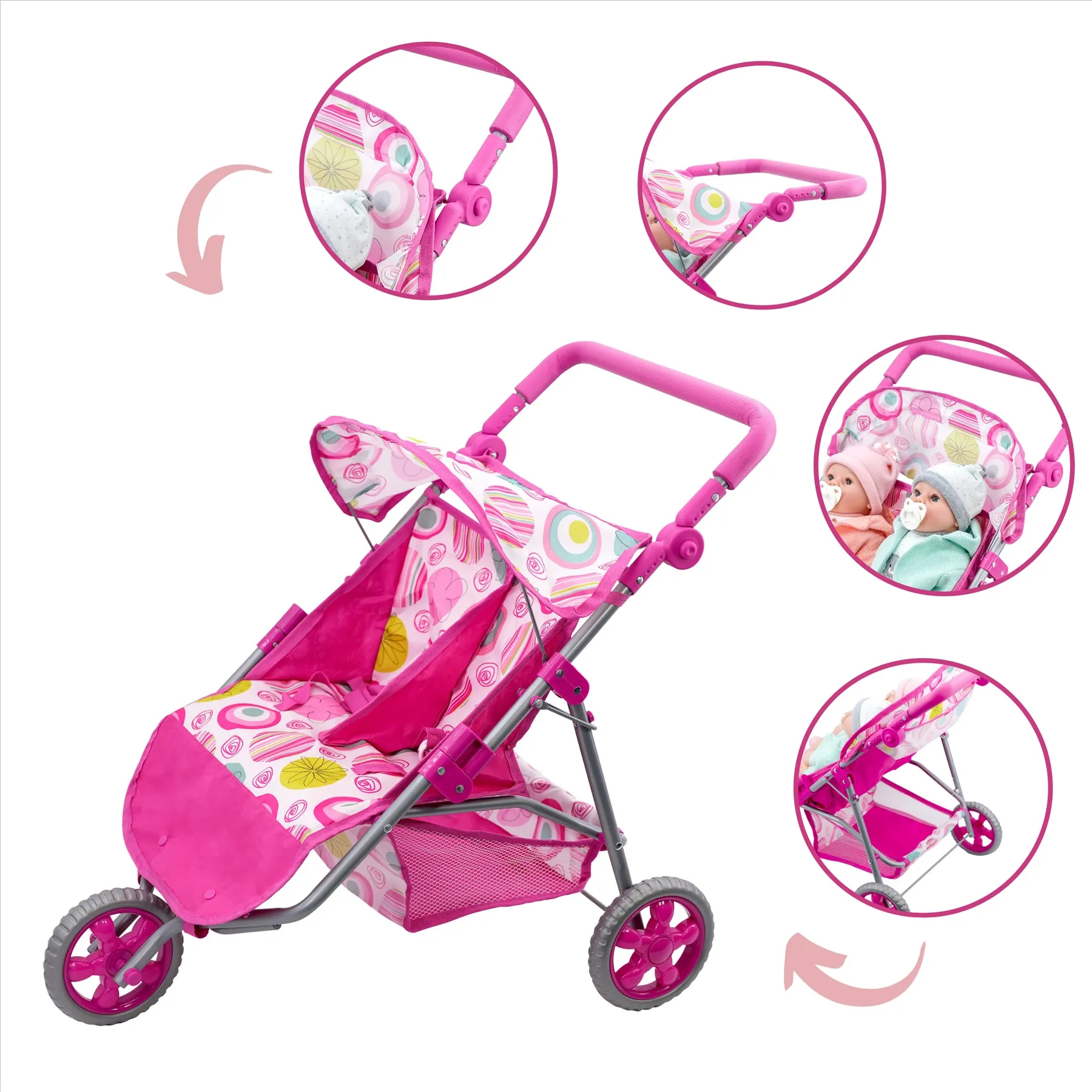 Pink Twin Dolls Stroller with Storage Basket