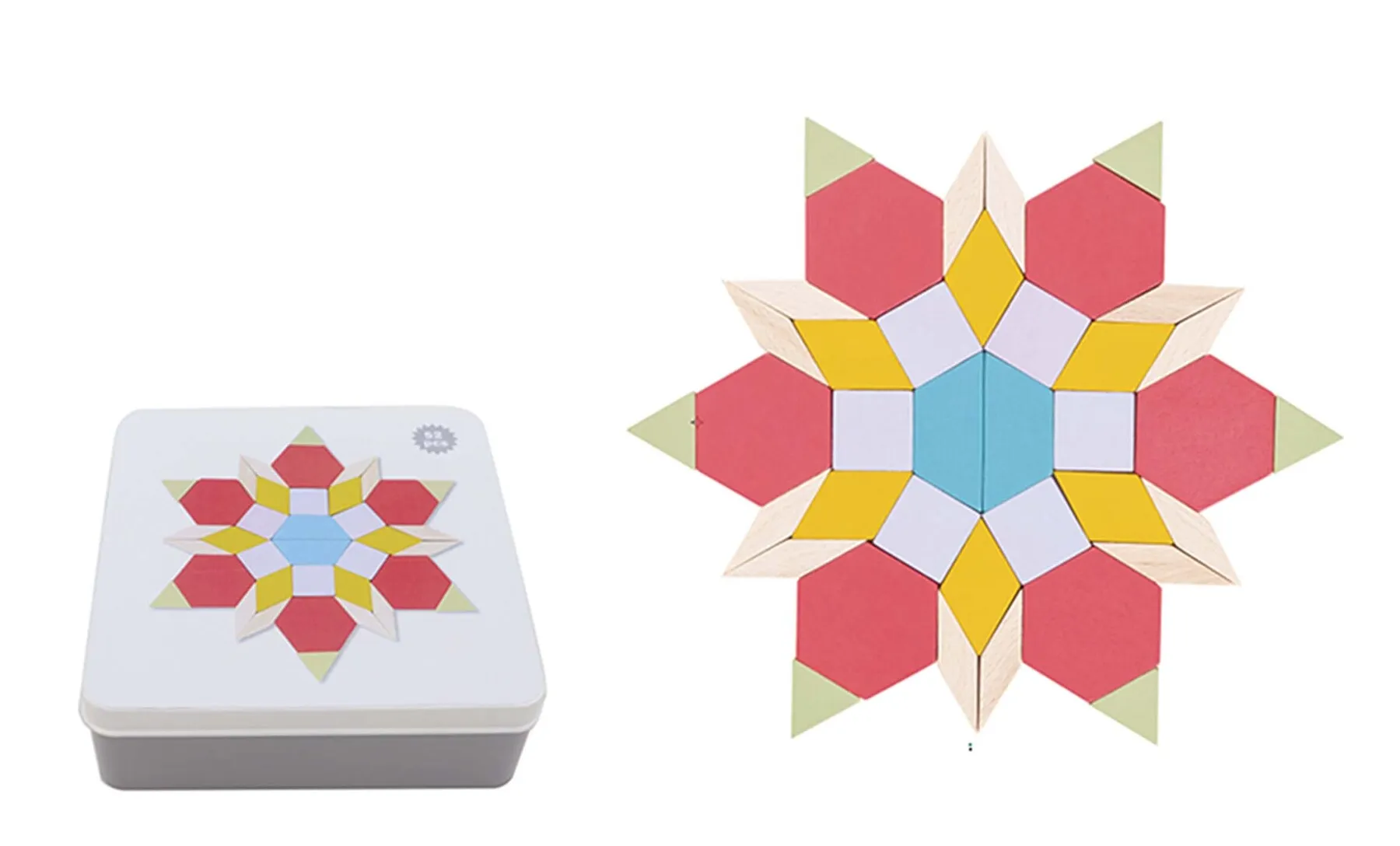 Wooden Pattern Blocks in Tin Box