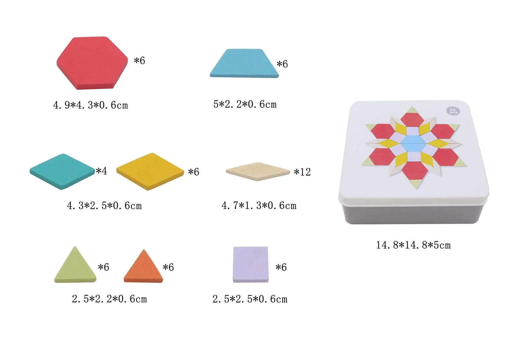 Wooden Pattern Blocks in Tin Box