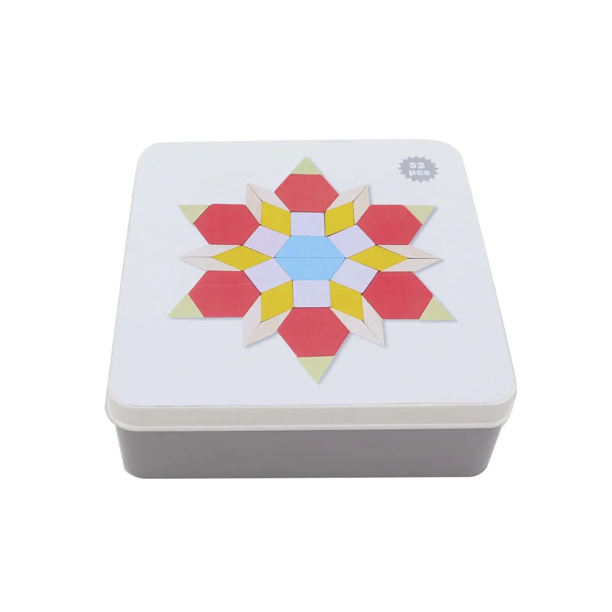 Wooden Pattern Blocks in Tin Box